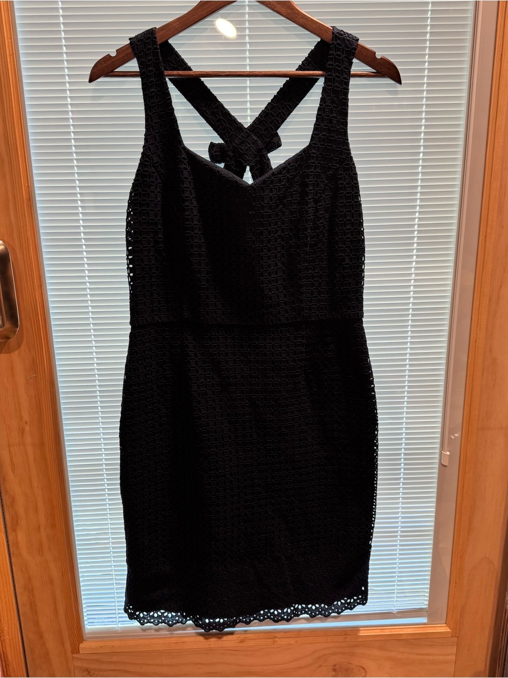 Brooks Brothers Navy Blue Crochet Sheath Dress with Cross-Back Straps and Bow